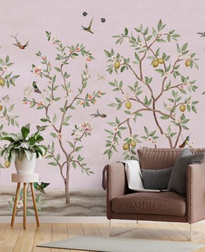 lemon tree chinoiserie in pink wall mural