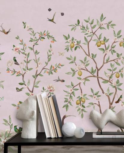 lemon tree chinoiserie in pink wall mural