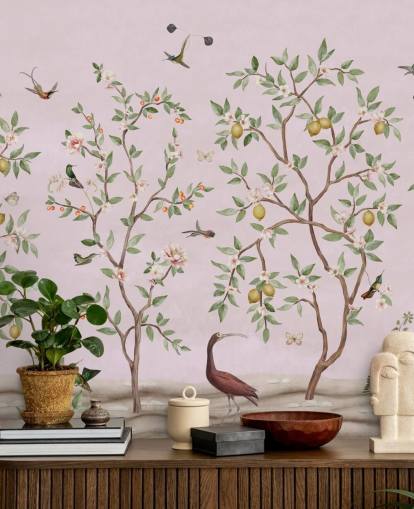 lemon tree chinoiserie in pink wall mural lemon tree chinoiserie in pink wall mural