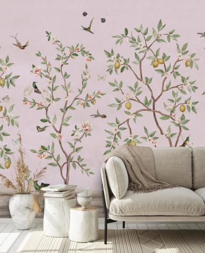 Papier peint Chinoiserie de citronnier en rose