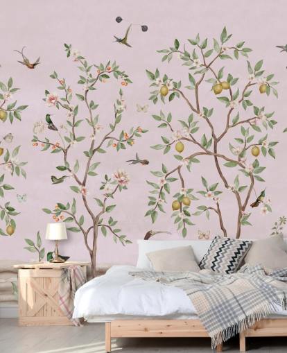 mural de pared rosa con chinoiserie de limonero