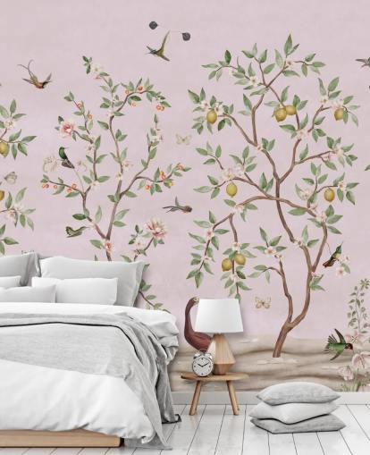 citrontræ chinoiserie i lyserødt vægmaleri
