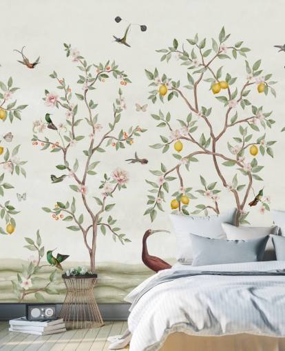 citrontræ chinoiserie tapet vægmaleri