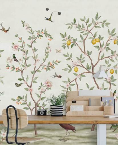 carta da parati murale con albero di limone, chinoiserie