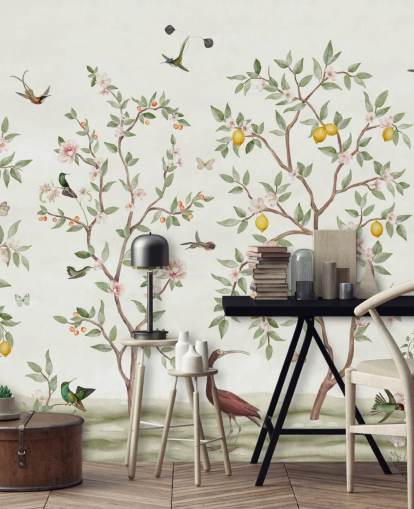 carta da parati murale con albero di limone, chinoiserie carta da parati murale con albero di limone, chinoiserie