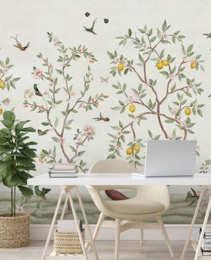 Chinoiserie-Tapeten-Wandbild mit Zitronenbaum