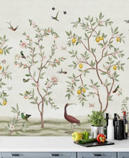 carta da parati murale con albero di limone, chinoiserie