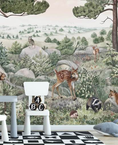 kids wildlife mural with cute animals 