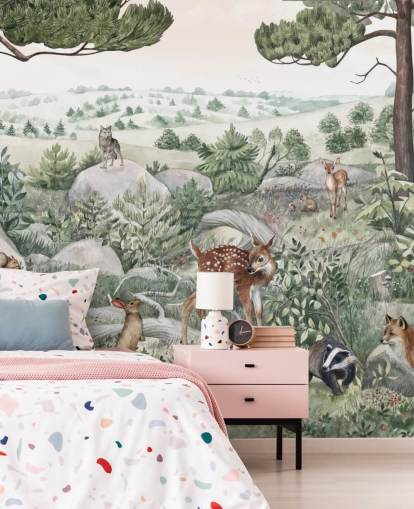 mural de vida selvagem para crianças com animais fofos