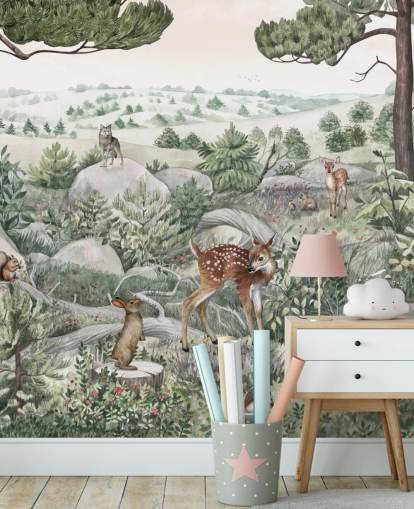 mural de vida selvagem para crianças com animais fofos