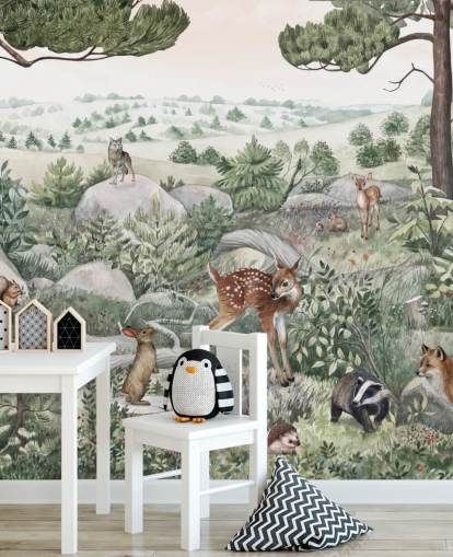 mural de vida silvestre para niños con animales lindos