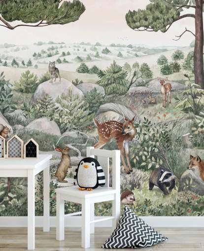 peinture murale animalière pour enfants avec de jolis animaux