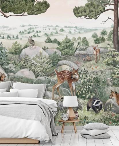 mural de vida selvagem para crianças com animais fofos