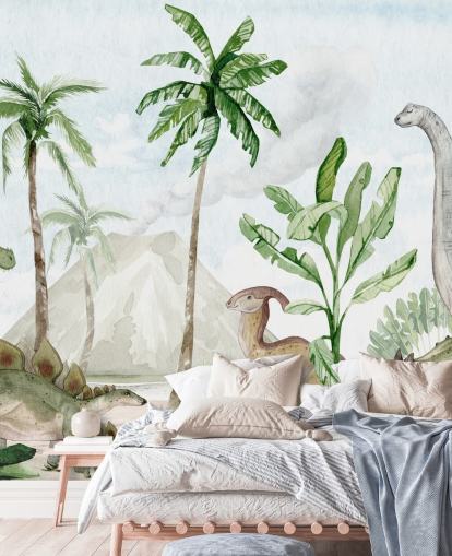 simpatica carta da parati murale con dinosauri chiamata Dino Joy di Oliver Robins per camerette e sale giochi per bambini