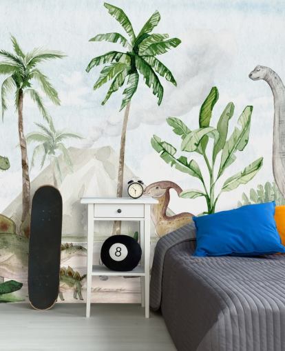 bonito mural de papel pintado de dinosaurios llamado Dino Joy de Oliver Robins para dormitorios infantiles y salas de juegos