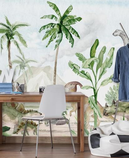 mural de papel de parede de dinossauro fofo chamado Dino Joy, de Oliver Robins, para quartos infantis e salas de jogos