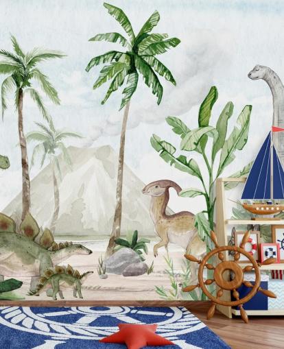 cute dinosaur wallpaper mural called Dino Joy by Oliver Robins for children's bedrooms and playrooms