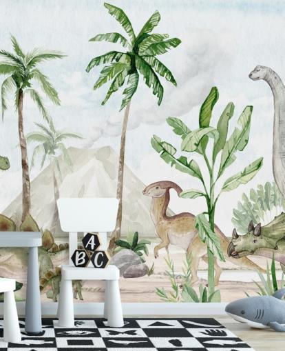 mural de papel de parede de dinossauro fofo chamado Dino Joy, de Oliver Robins, para quartos infantis e salas de jogos