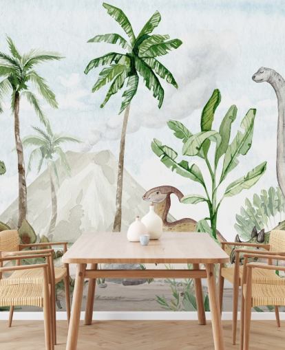 simpatica carta da parati murale con dinosauri chiamata Dino Joy di Oliver Robins per camerette e sale giochi per bambini