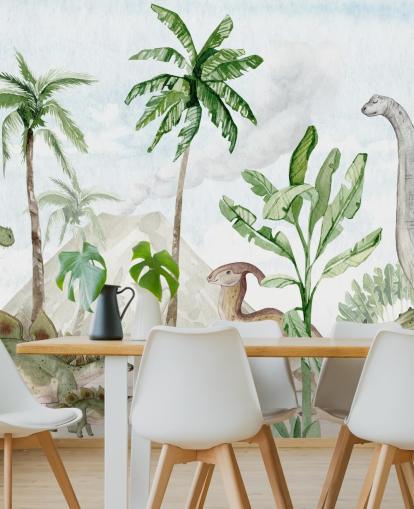 bonito mural de papel pintado de dinosaurios llamado Dino Joy de Oliver Robins para dormitorios infantiles y salas de juegos