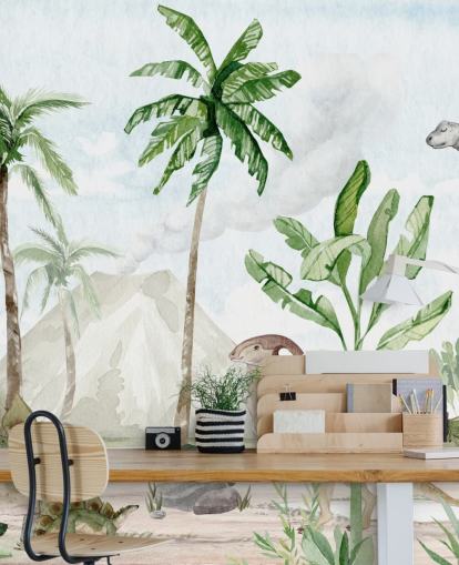 mural de papel de parede de dinossauro fofo chamado Dino Joy, de Oliver Robins, para quartos infantis e salas de jogos