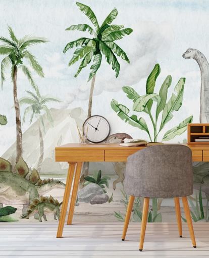 bonito mural de papel pintado de dinosaurios llamado Dino Joy de Oliver Robins para dormitorios infantiles y salas de juegos
