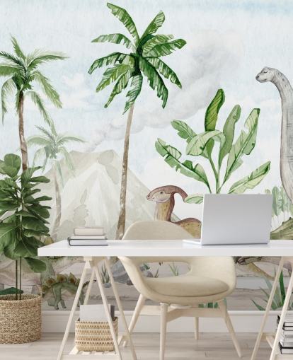 bonito mural de papel pintado de dinosaurios llamado Dino Joy de Oliver Robins para dormitorios infantiles y salas de juegos