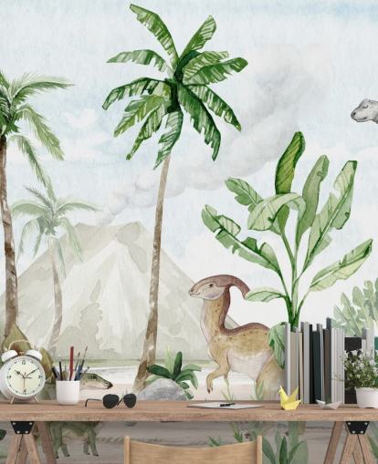 bonito mural de papel pintado de dinosaurios llamado Dino Joy de Oliver Robins para dormitorios infantiles y salas de juegos