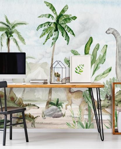 Joli papier peint mural de dinosaure appelé Dino Joy par Oliver Robins pour les chambres d'enfants et les salles de jeux