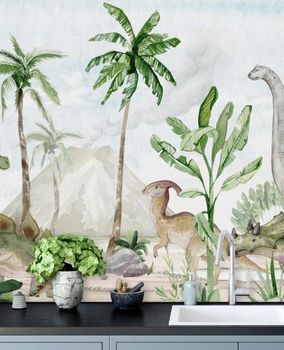 cute dinosaur wallpaper mural called Dino Joy by Oliver Robins for children's bedrooms and playrooms