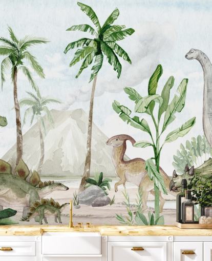 cute dinosaur wallpaper mural called Dino Joy by Oliver Robins for children's bedrooms and playrooms