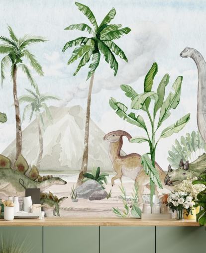 bonito mural de papel pintado de dinosaurios llamado Dino Joy de Oliver Robins para dormitorios infantiles y salas de juegos
