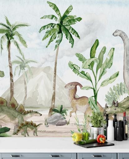 Süßes Dinosaurier-Tapetenbild namens Dino Joy von Oliver Robins für Kinder- und Spielzimmer