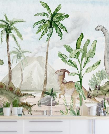 simpatica carta da parati murale con dinosauri chiamata Dino Joy di Oliver Robins per camerette e sale giochi per bambini