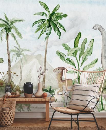 bonito mural de papel pintado de dinosaurios llamado Dino Joy de Oliver Robins para dormitorios infantiles y salas de juegos