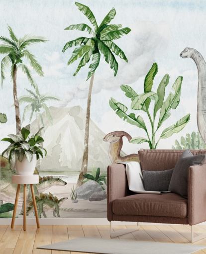 cute dinosaur wallpaper mural called Dino Joy by Oliver Robins for children's bedrooms and playrooms
