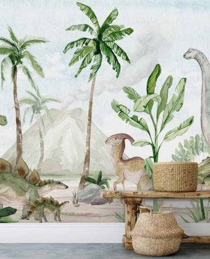 simpatica carta da parati murale con dinosauri chiamata Dino Joy di Oliver Robins per camerette e sale giochi per bambini