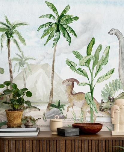 cute dinosaur wallpaper mural called Dino Joy by Oliver Robins for children's bedrooms and playrooms