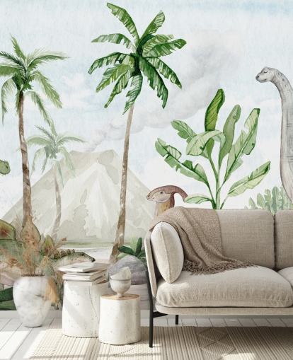 Oliver Robinsin söpö dinosaurus-taustakuvamaalaus nimeltä Dino Joy lasten makuuhuoneisiin ja leikkihuoneisiin Oliver Robinsin söpö dinosaurus-taustakuvamaalaus nimeltä Dino Joy lasten makuuhuoneisiin ja leikkihuoneisiin