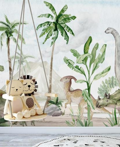 söt dinosaurie tapetväggmålning som heter Dino Joy av Oliver Robins för barnens sovrum och lekrum