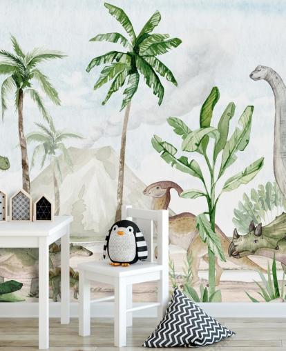 Joli papier peint mural de dinosaure appelé Dino Joy par Oliver Robins pour les chambres d'enfants et les salles de jeux