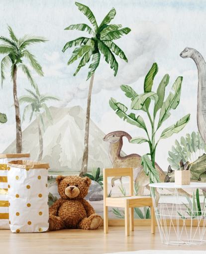 schattige dinosaurus muurschildering genaamd Dino Joy van Oliver Robins voor kinderkamers en speelkamers