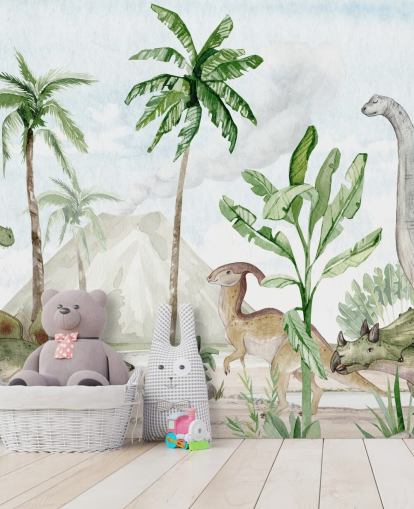 Oliver Robinsin söpö dinosaurus-taustakuvamaalaus nimeltä Dino Joy lasten makuuhuoneisiin ja leikkihuoneisiin