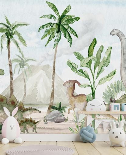 bonito mural de papel pintado de dinosaurios llamado Dino Joy de Oliver Robins para dormitorios infantiles y salas de juegos bonito mural de papel pintado de dinosaurios llamado Dino Joy de Oliver Robins para dormitorios infantiles y salas de juegos