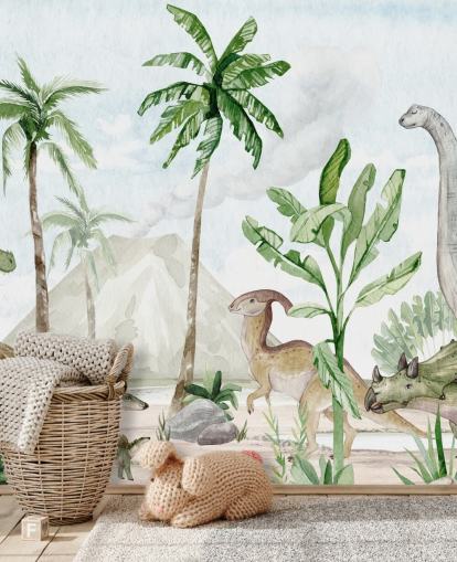 Süßes Dinosaurier-Tapetenbild namens Dino Joy von Oliver Robins für Kinder- und Spielzimmer