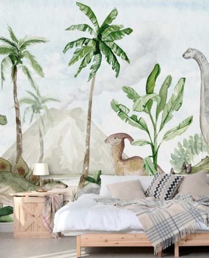 cute dinosaur wallpaper mural called Dino Joy by Oliver Robins for children's bedrooms and playrooms