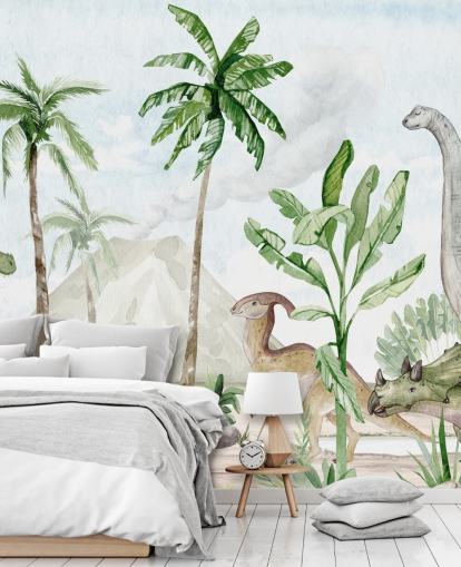 schattige dinosaurus muurschildering genaamd Dino Joy van Oliver Robins voor kinderkamers en speelkamers