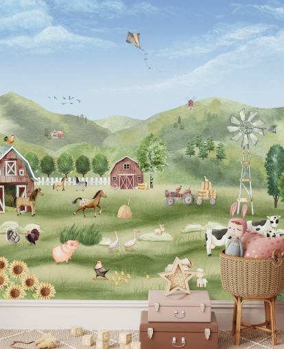 bonito mural de papel pintado de granja