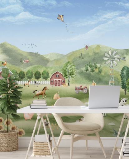 bonito mural de papel pintado de granja