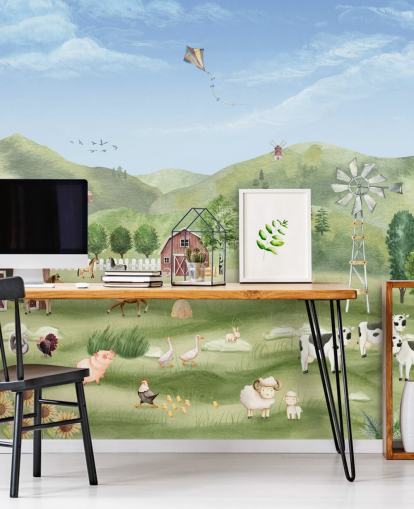 bonito mural de papel pintado de granja
